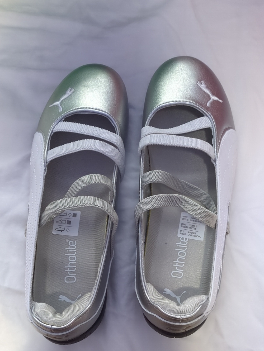 Puma Silver Ballet Flats with White Elastic Straps
